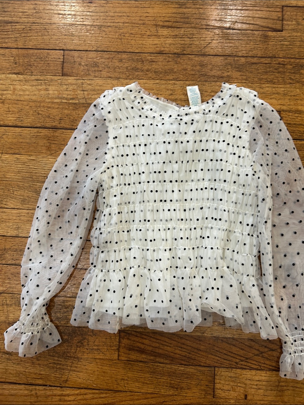 Sheer White Polka Dot Long-Sleeve Smocked Blouse